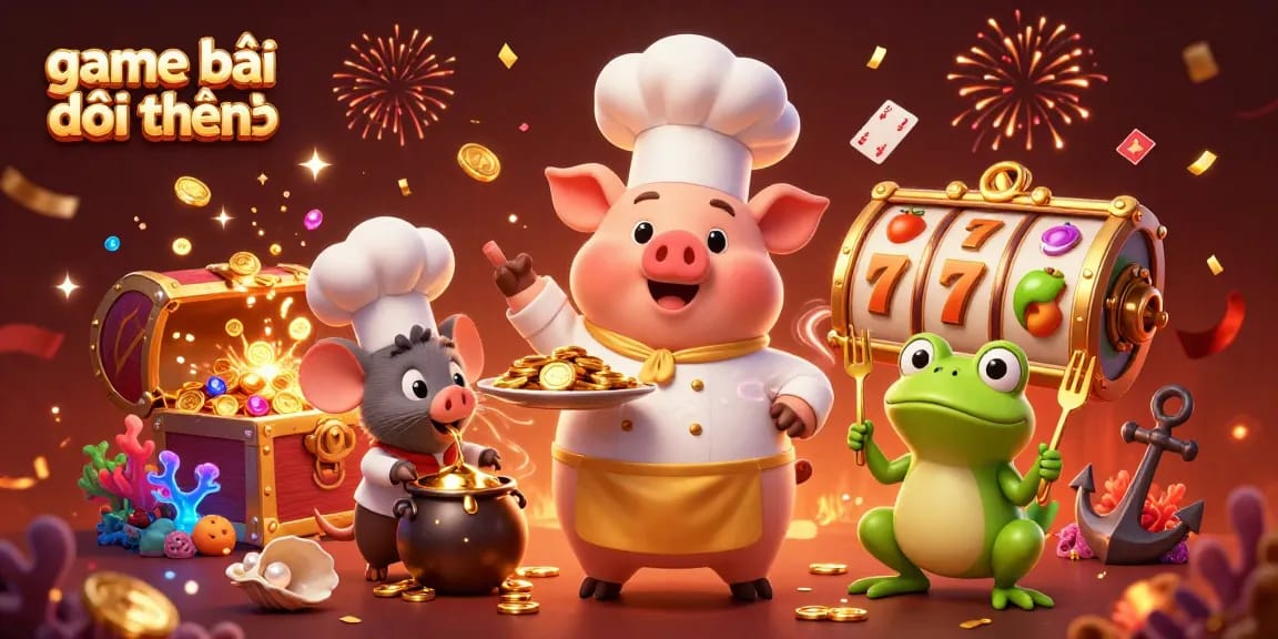 Engaging 3D scene illustrating game bài đổi thưởng with vibrant chef pig, sous-chef mouse, and critic frog amidst slots and treasure