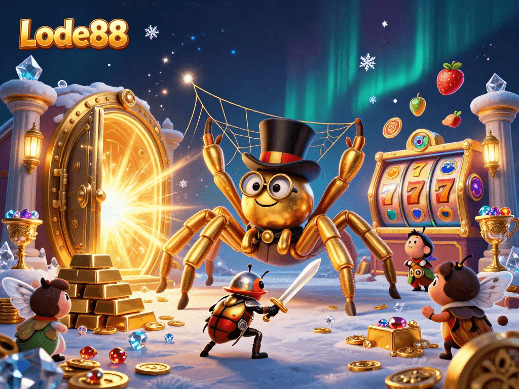 Lode88 brings excitement to life with a golden tarantula weaving treasures in a casino-themed illustration.