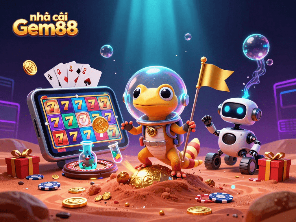 nhà cái Gem88 showcases an alien casino adventure featuring slots, poker chips, and vibrant gameplay.