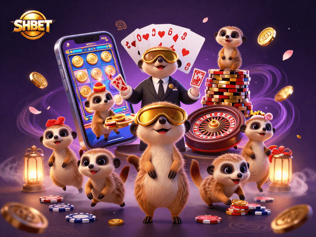 Experience SHBET's vibrant casino world with animated meerkats handling games and chips.