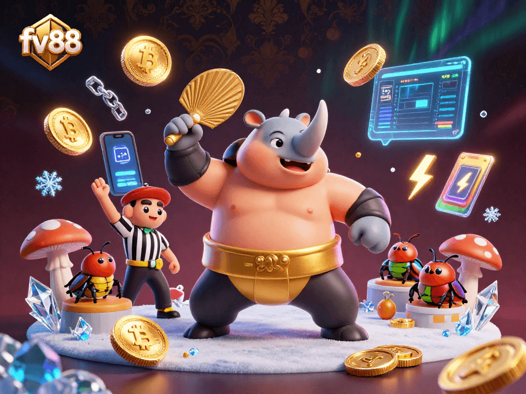 Bet and win with fv88 in this vibrant casino scene featuring a sumo champion and flying coins.