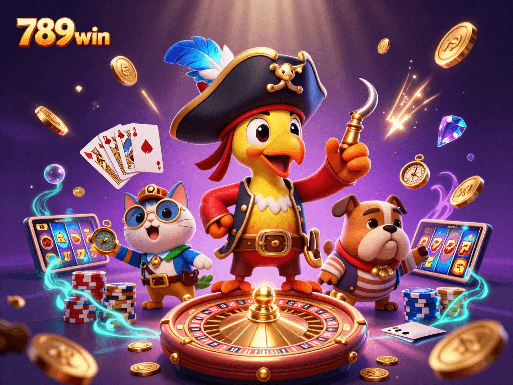 Action-packed 3D scene depicting 789win with vibrant casino elements led by a pirate captain and friends.