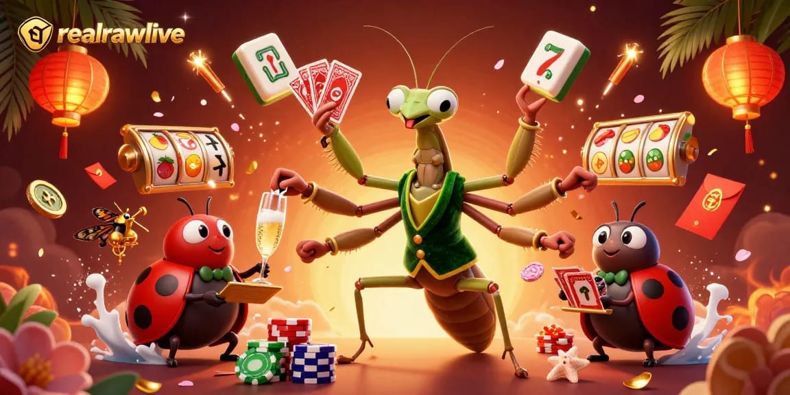 Realrawlive showcases a vibrant casino scene with a giant mantis dealing cards and a ladybug pit boss.