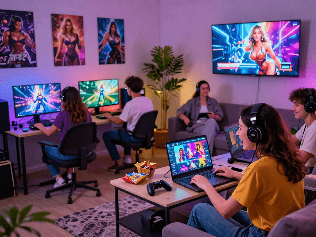Group of friends enjoying a lively gaming evening with a popular porno game interface on a laptop