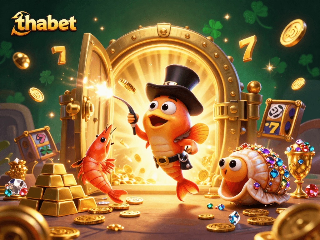 Experience the thrill at thabet with a vibrant 3D casino scene featuring playful characters and lively slot elements.