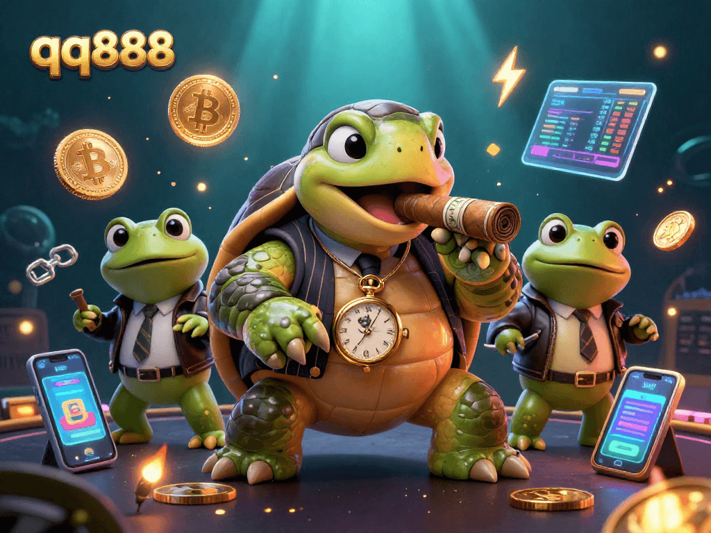 Experience the thrill of gambling at qq888, featuring vibrant cartoon characters in a dynamic casino scene.