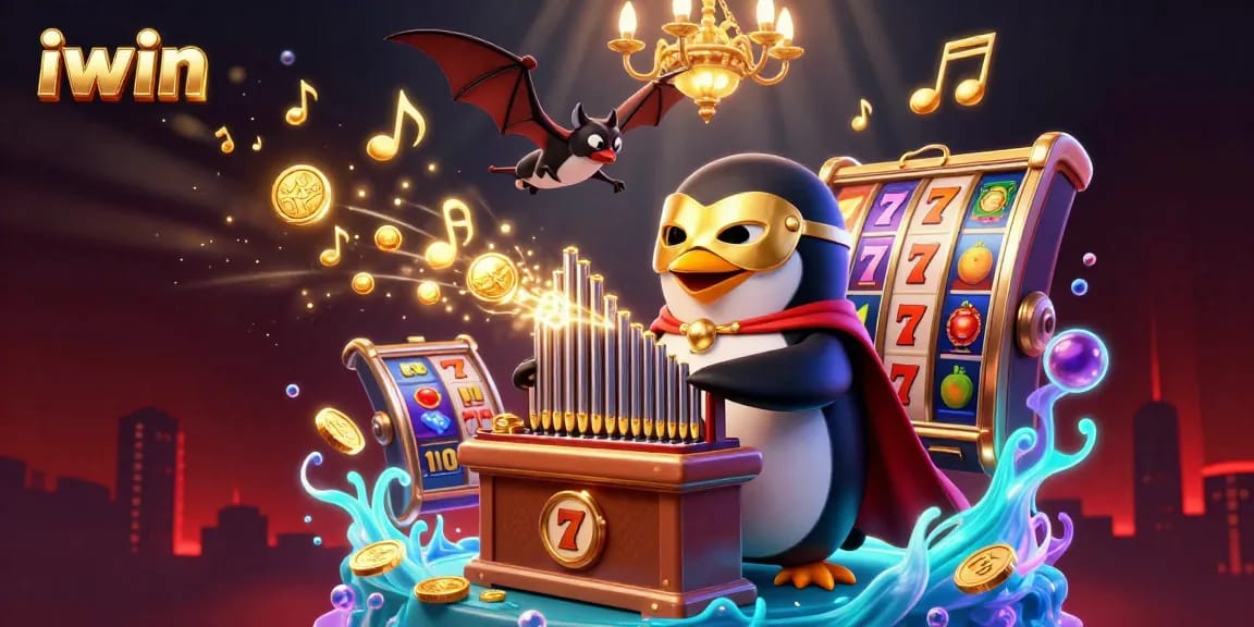 iwin reveals an engaging scene with a penguin playing a pipe organ while coins rain down.
