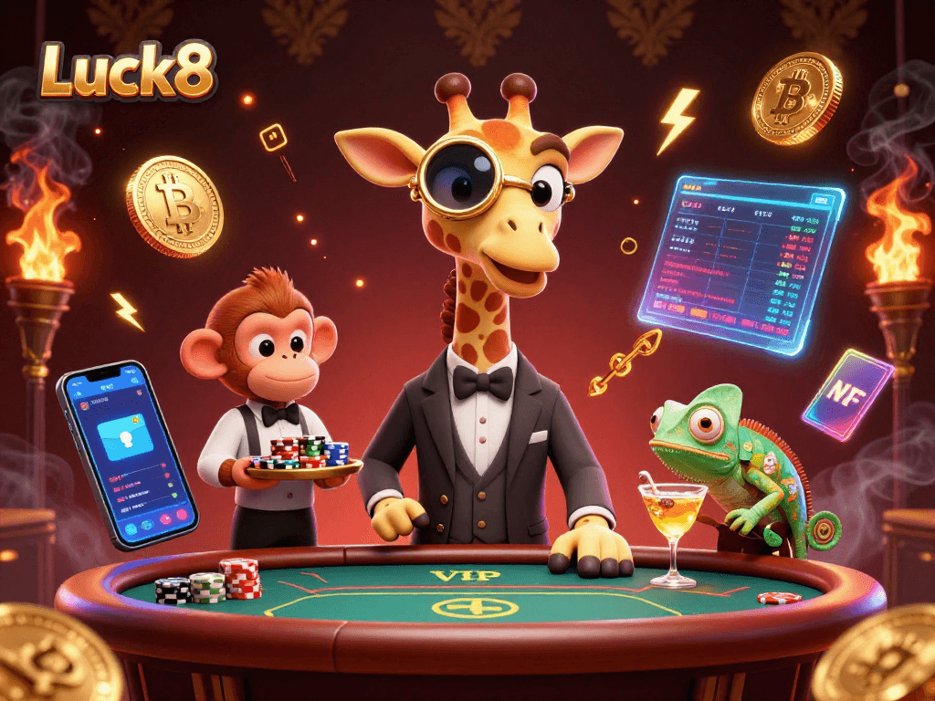 Luck8 players enjoying a thrilling game night with a high-roller giraffe and vibrant casino elements.