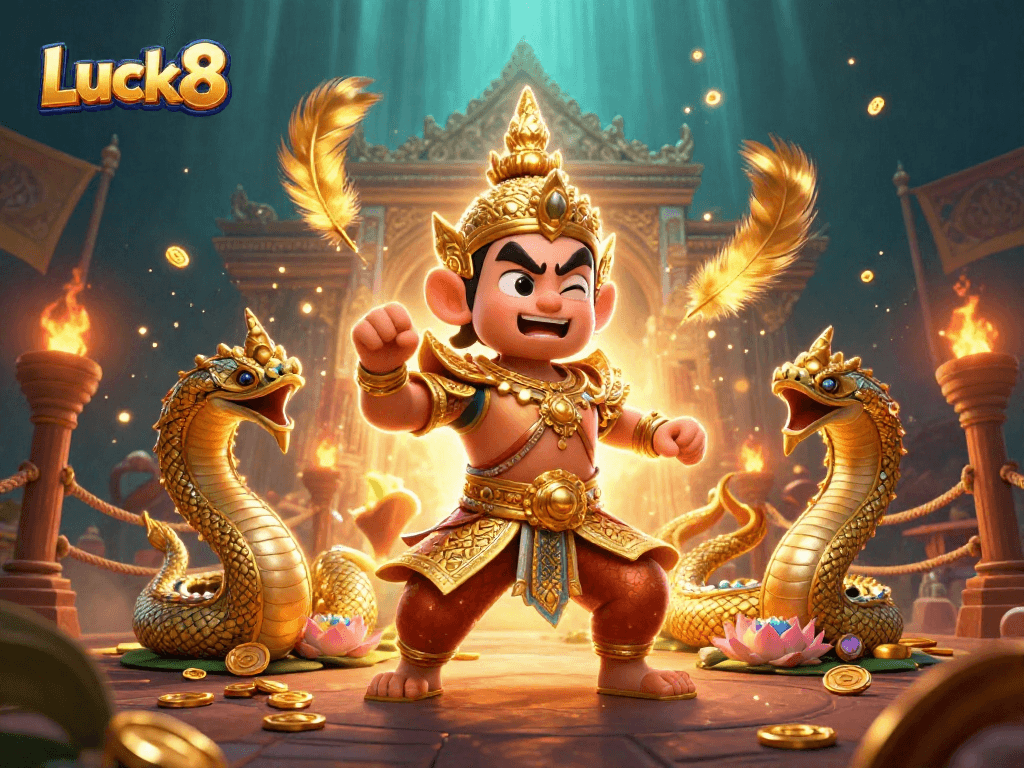 Engage with Luck8's thrilling gaming scene showcasing vibrant characters and dynamic casino elements.