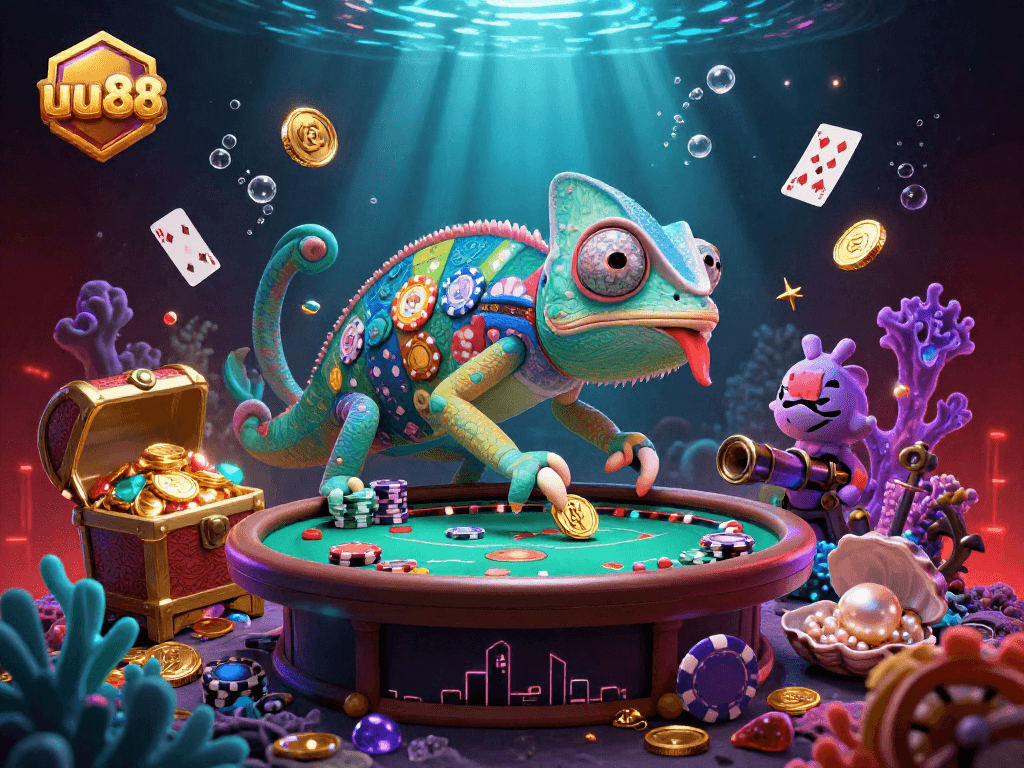 Experience thrilling gameplay at uu88 with a vibrant casino scene featuring a colorful chameleon owner.