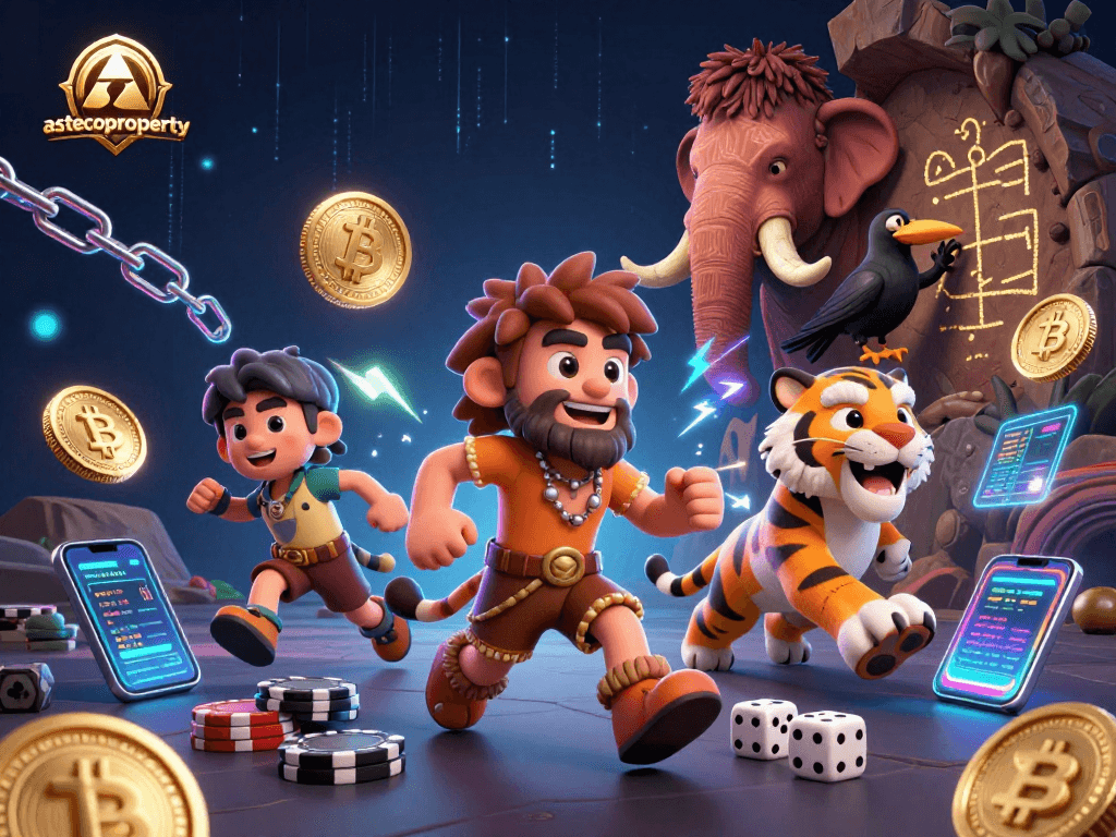 Experience ultimate fun with astecoproperty's thrilling prehistoric casino scene featuring engaging characters and glowing crypto elements.