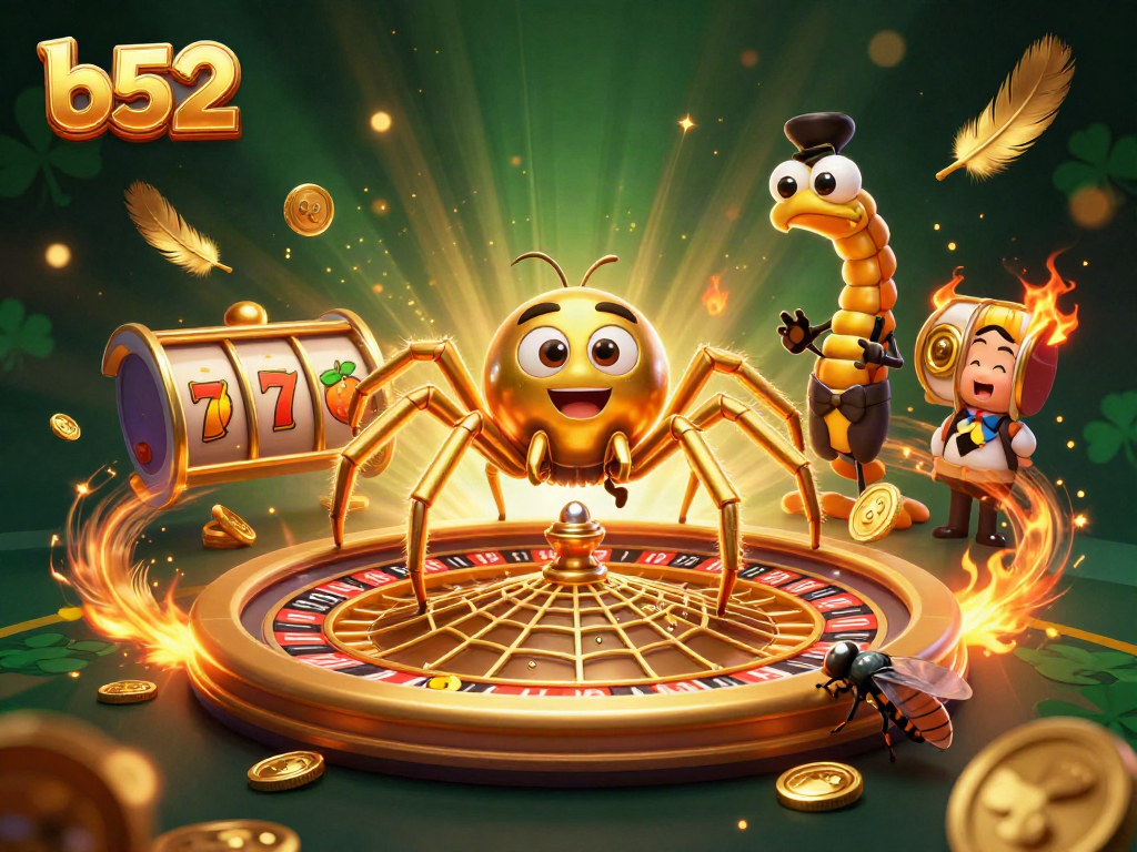 Spin the roulette wheel with b52 action as the golden spider and centipede croupier create a vibrant casino scene.