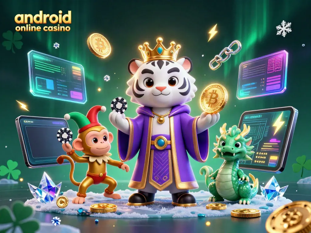 Experience an engaging android online casino scene with animated characters and sparkling casino elements.