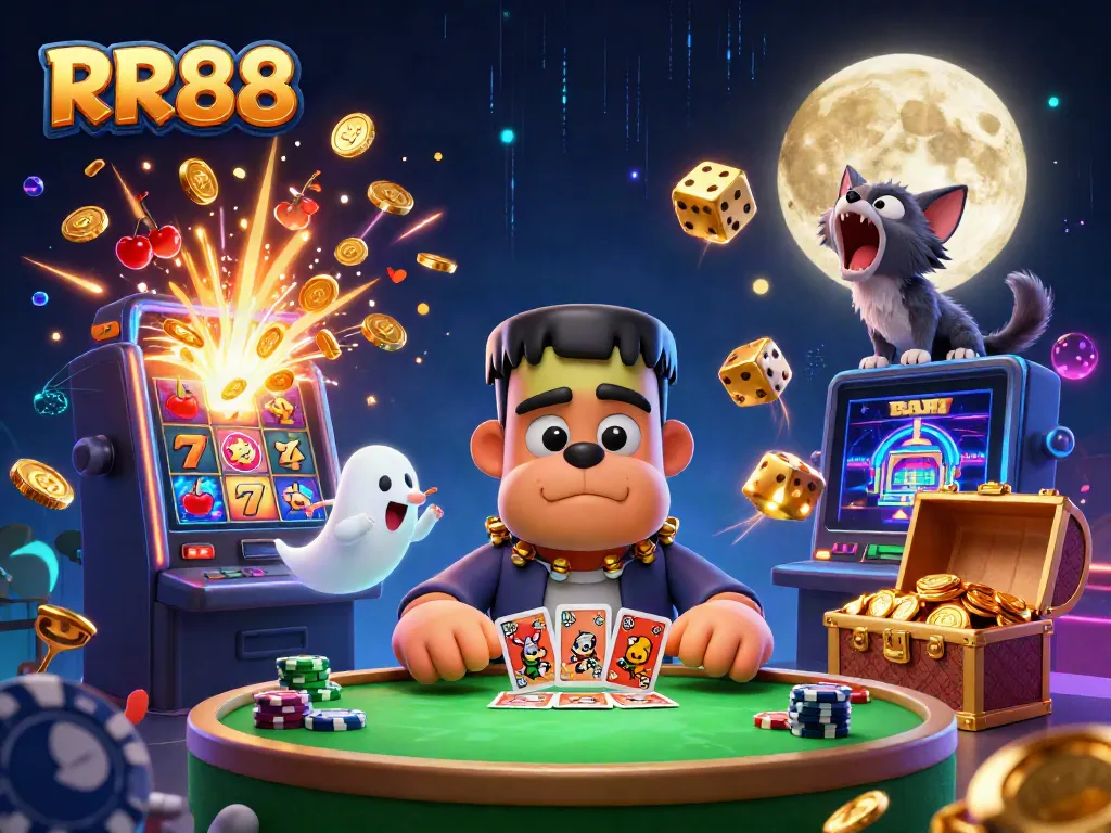 Engage in thrilling gameplay at RR88 with a whimsical 3D illustration featuring a bulldog monster dealer and playful elements.
