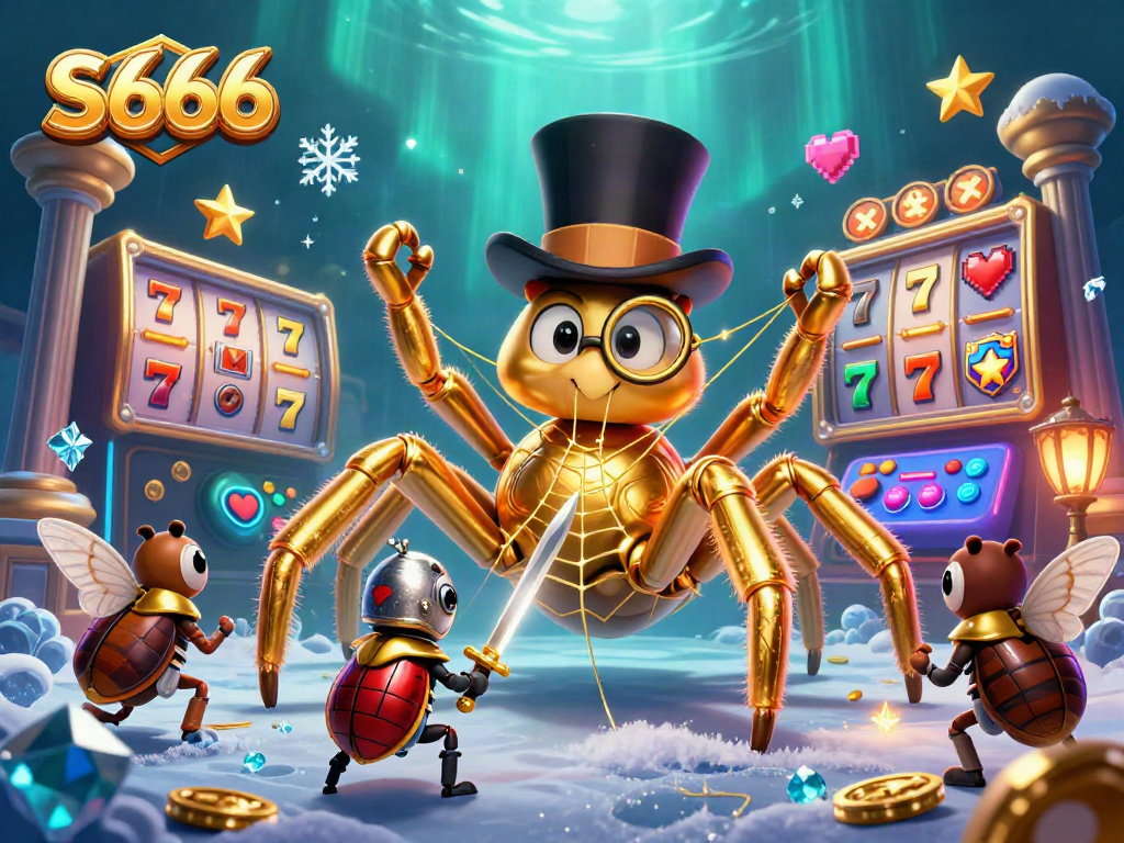 S666 offers exciting slot game adventures with vivid visuals of a giant spider weaving golden threads.