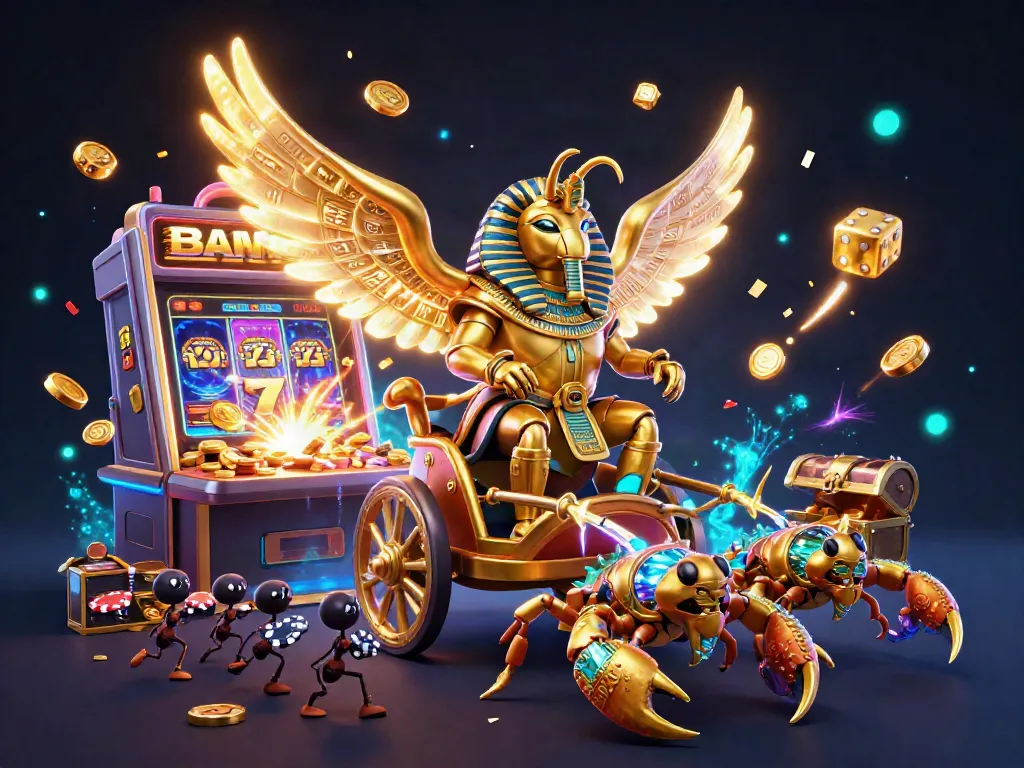 Experience LLWIN's spectacular casino adventure with a golden scarab and exciting game elements.
