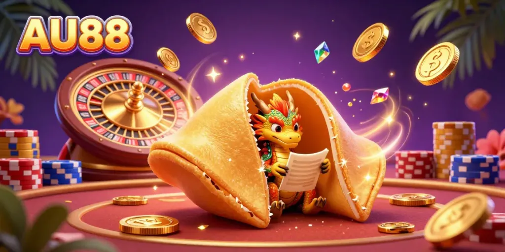Experience excitement at AU88, where the golden fortune cookie reveals treasures in a vibrant casino scene.