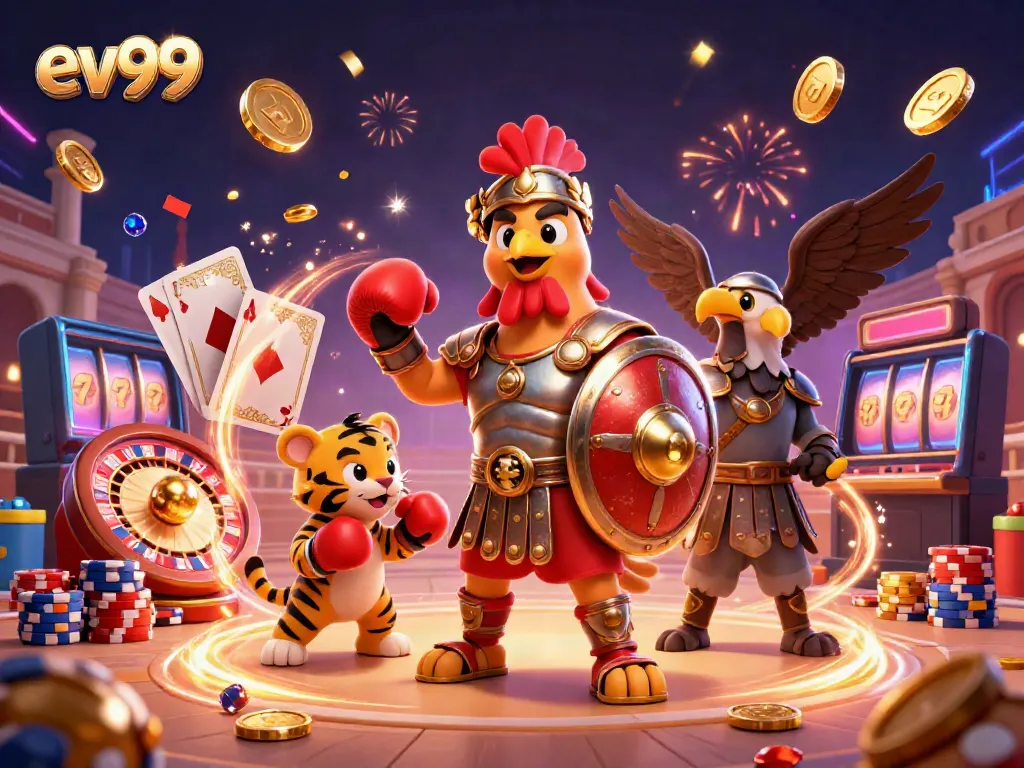 Win at ev99 with a cartoon gladiator rooster, casino elements, and dazzling displays of coins and gems.