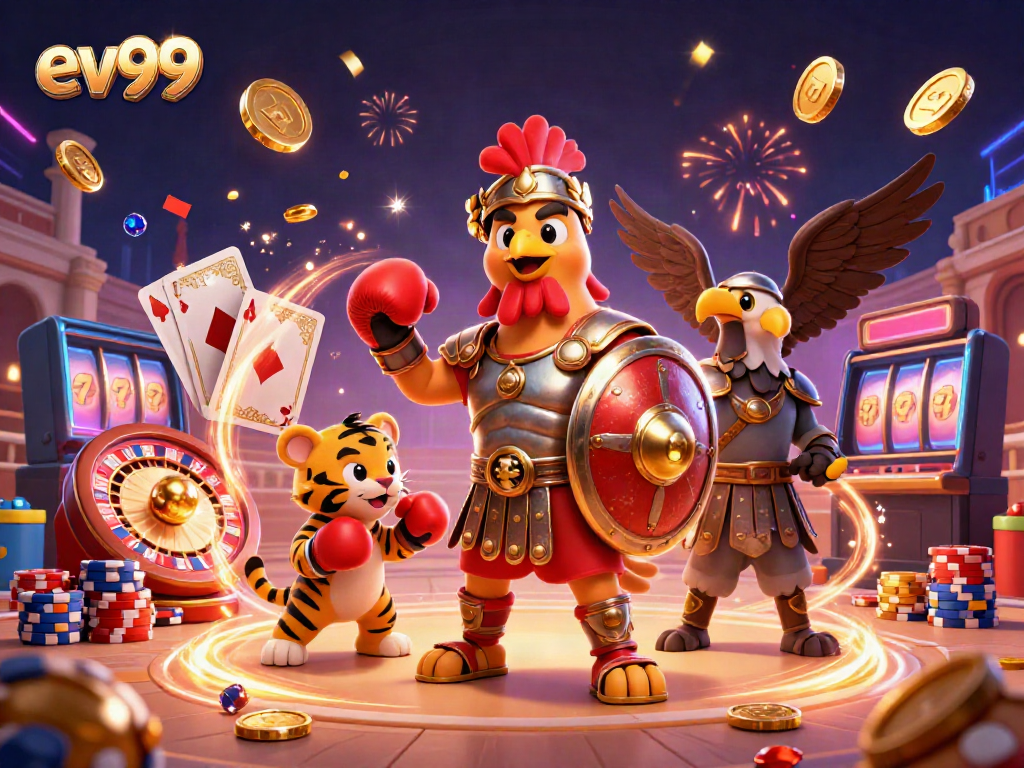 Win at ev99 with a cartoon gladiator rooster, casino elements, and dazzling displays of coins and gems.