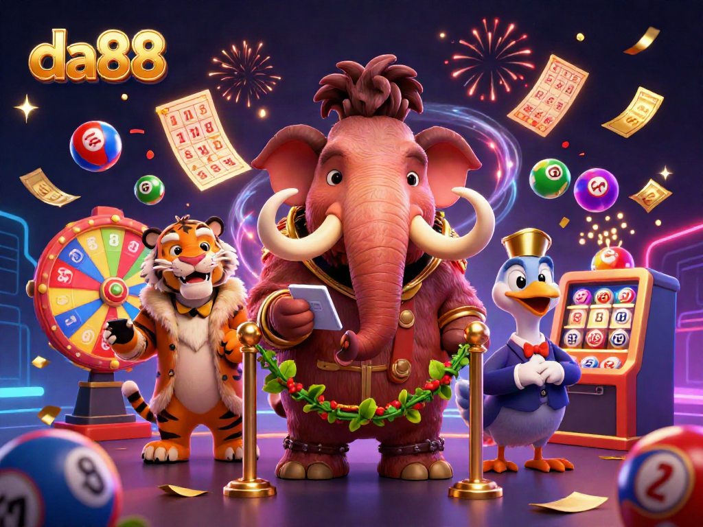 Engage in the da88 casino scene with a woolly mammoth bouncer verifying IDs and festive lottery elements.