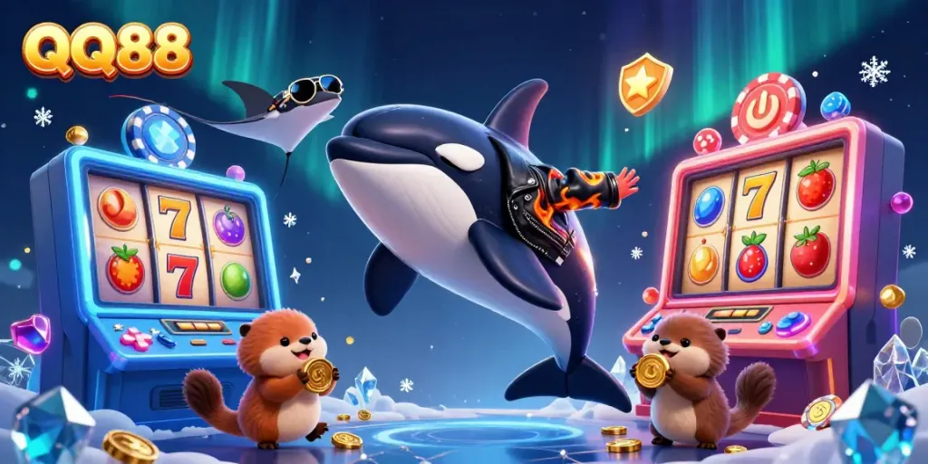 Experience thrilling gaming with QQ88's vibrant characters amidst slot machine excitement.