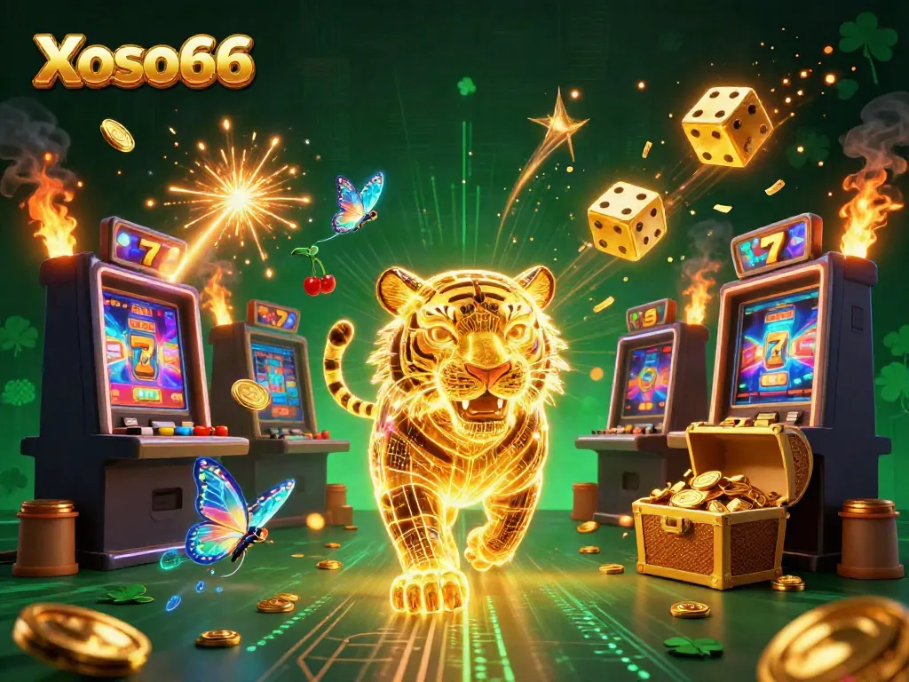 Xoso66 showcases vibrant casino excitement with a neon tiger and jackpot winnings.