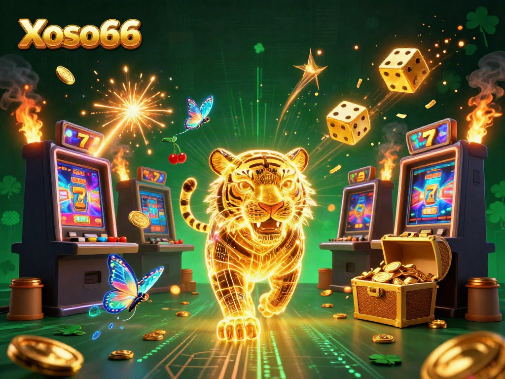 Xoso66 showcases vibrant casino excitement with a neon tiger and jackpot winnings.