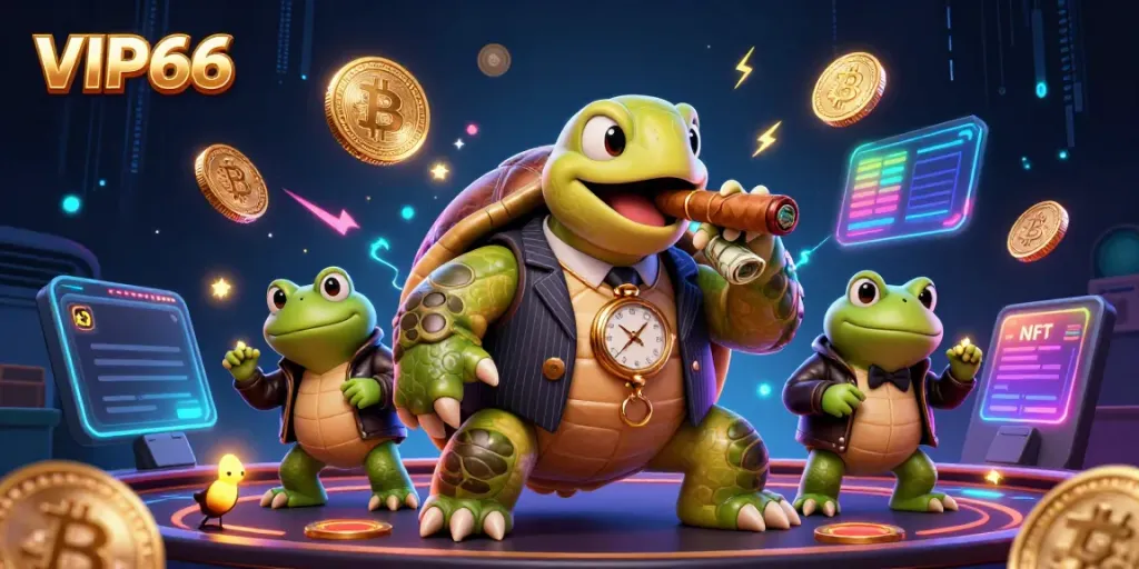 Engage with VIP66 at a vibrant casino scene featuring cartoon characters and crypto elements.