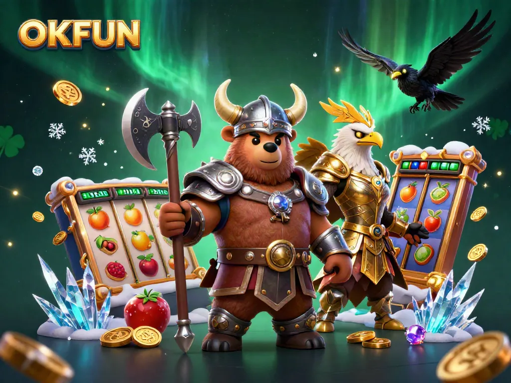 Engage in thrilling gameplay at OKFUN with dynamic slot reels and vibrant coins.