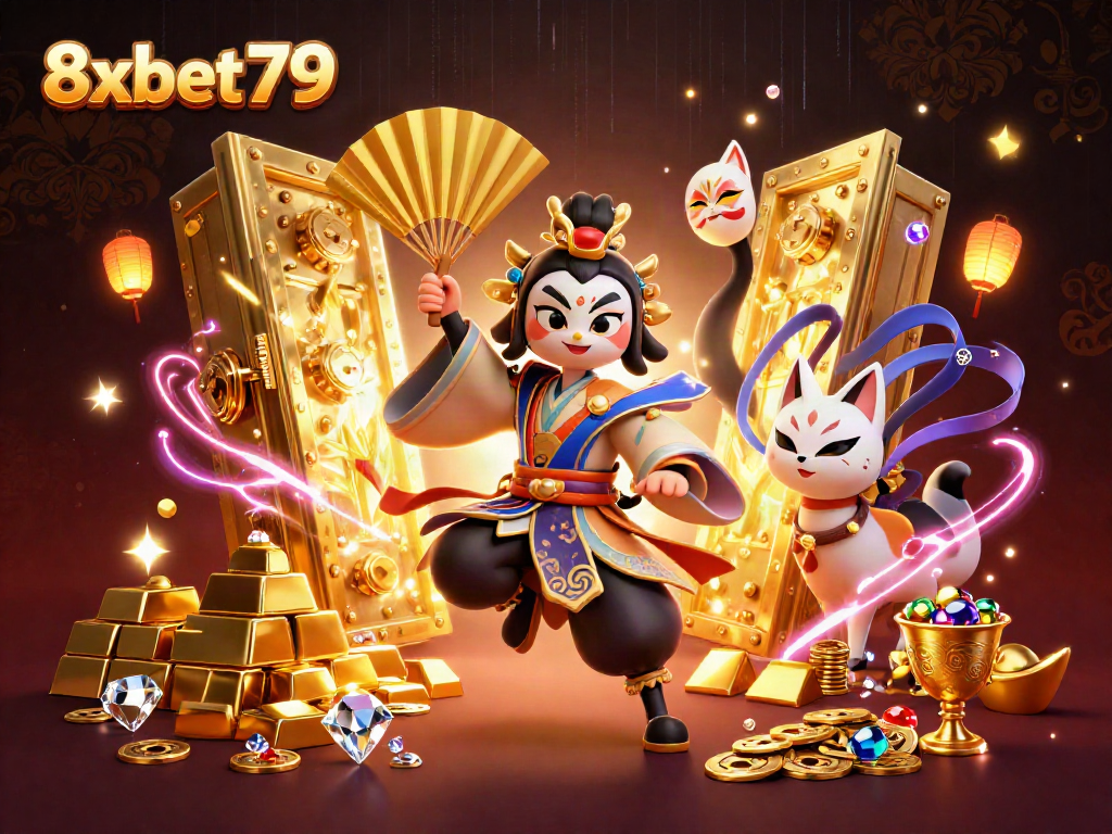 Experience thrilling action at 8xbet79, featuring a kabuki warrior, golden treasures, and dynamic casino elements.