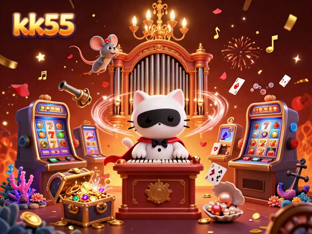 Engage with thrilling games at kk55, featuring a vibrant casino scene with prizes and festive elements.