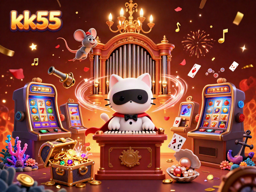 Engage with thrilling games at kk55, featuring a vibrant casino scene with prizes and festive elements.