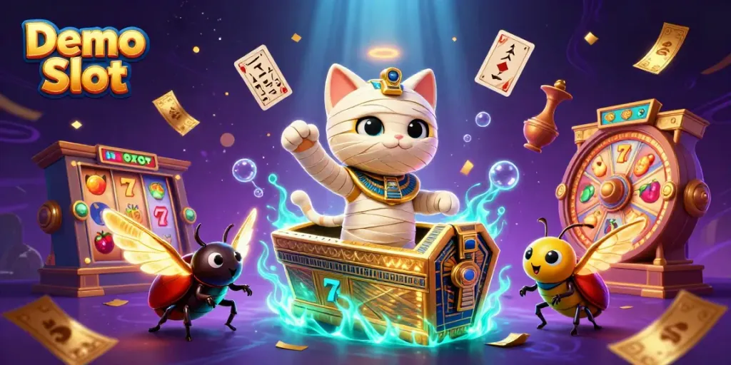 Spin the reels with Demo Slot featuring an Egyptian mummy cat and vibrant casino elements.
