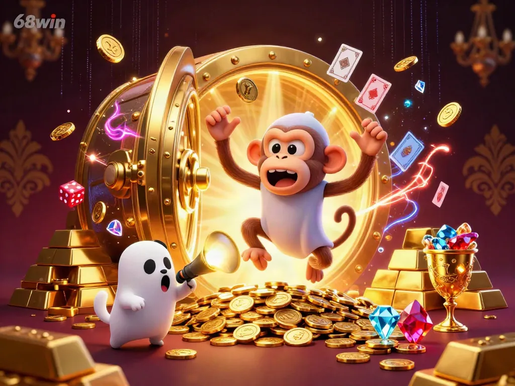 Experience thrilling gameplay with the 68win platform featuring a cartoon monkey juggling coins in a vibrant casino.