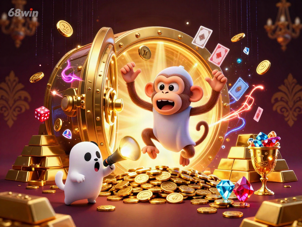 Experience thrilling gameplay with the 68win platform featuring a cartoon monkey juggling coins in a vibrant casino.