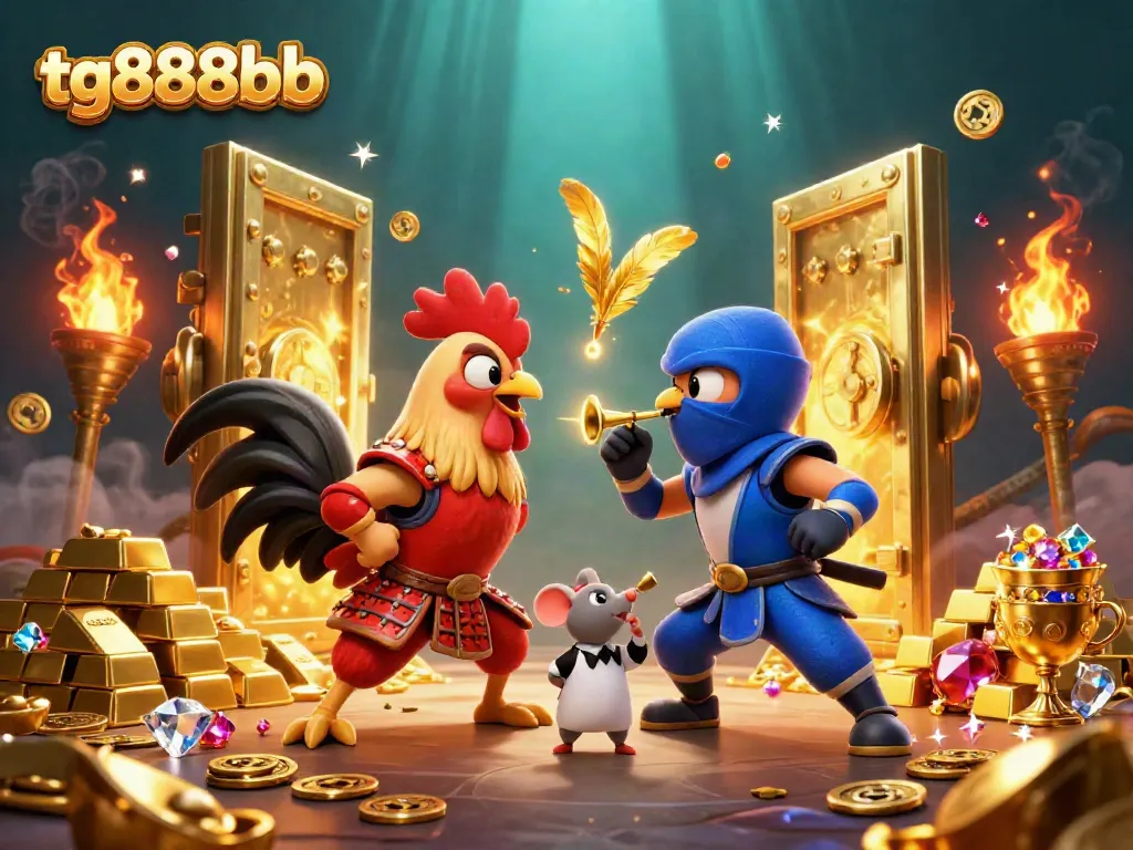 Engage in thrilling cockfighting action featuring tg888bb with dramatic characters and rich casino elements.