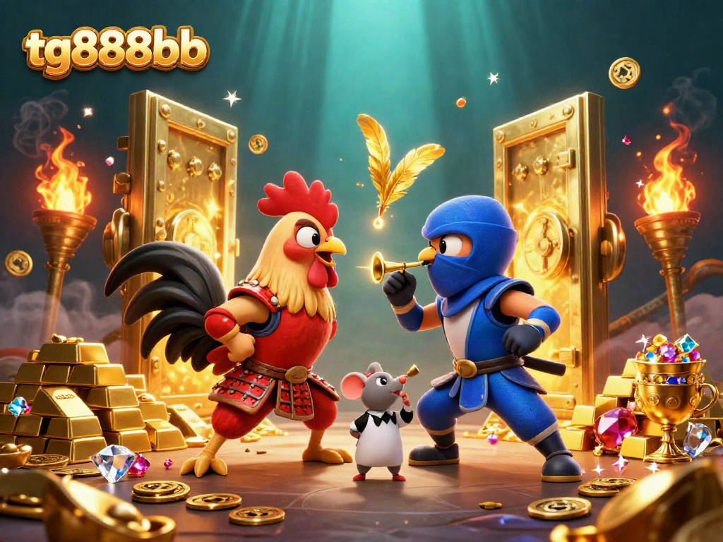 Engage in thrilling cockfighting action featuring tg888bb with dramatic characters and rich casino elements.