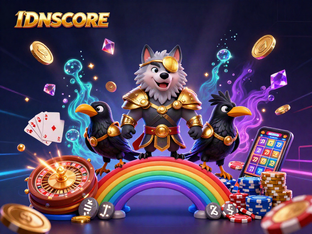 IDNSCORE features an epic scene with Odin and ravens among casino elements, highlighting excitement and winning.