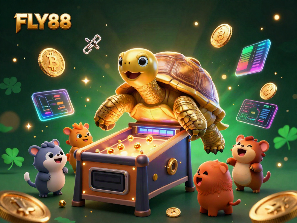 Engage with FLY88's vibrant casino experience featuring a colossal tortoise and crypto elements.