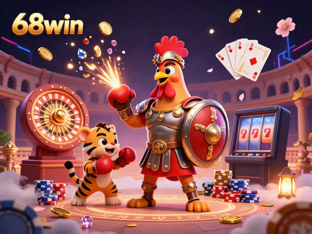 Experience the thrilling action of 68win with gladiator rooster and tiger cub amidst casino excitement, winning potential visible.