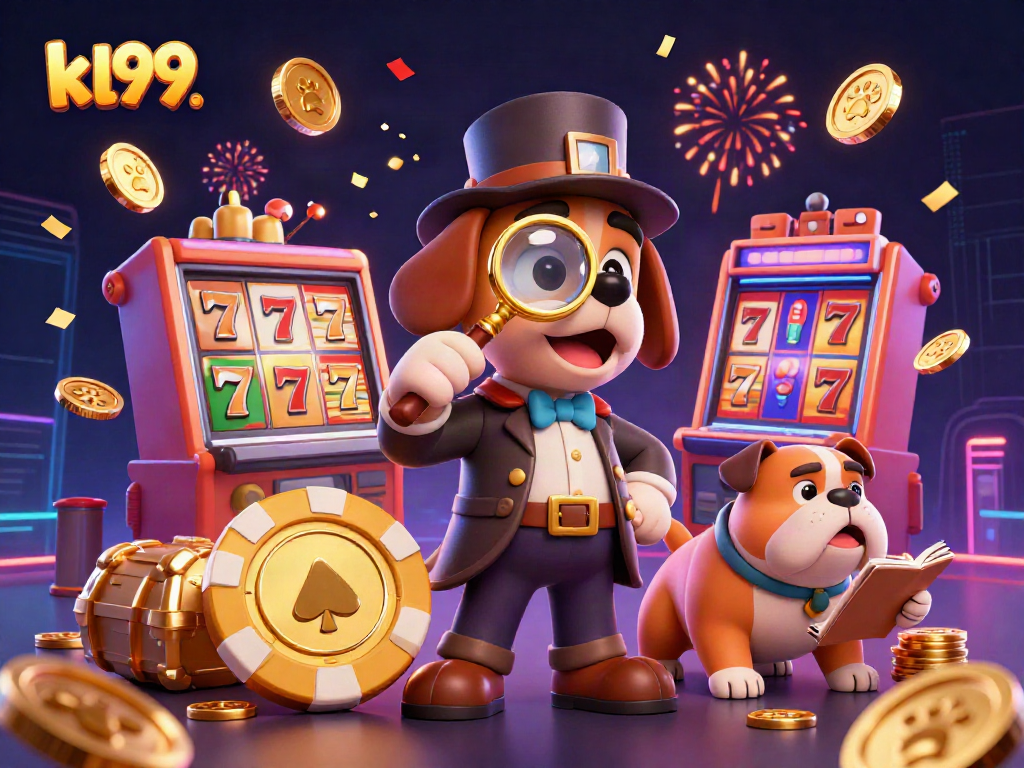 Engage with KL99's vibrant casino experience featuring cartoon detectives on a treasure hunt.
