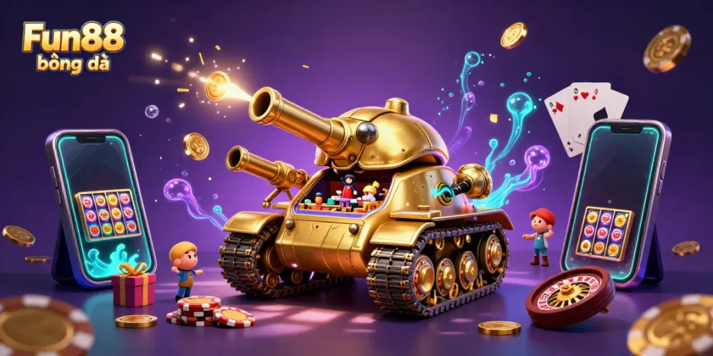 Experience the excitement of Fun88 bóng đá with a vibrant casino-themed 3D illustration filled with dynamic gaming elements.