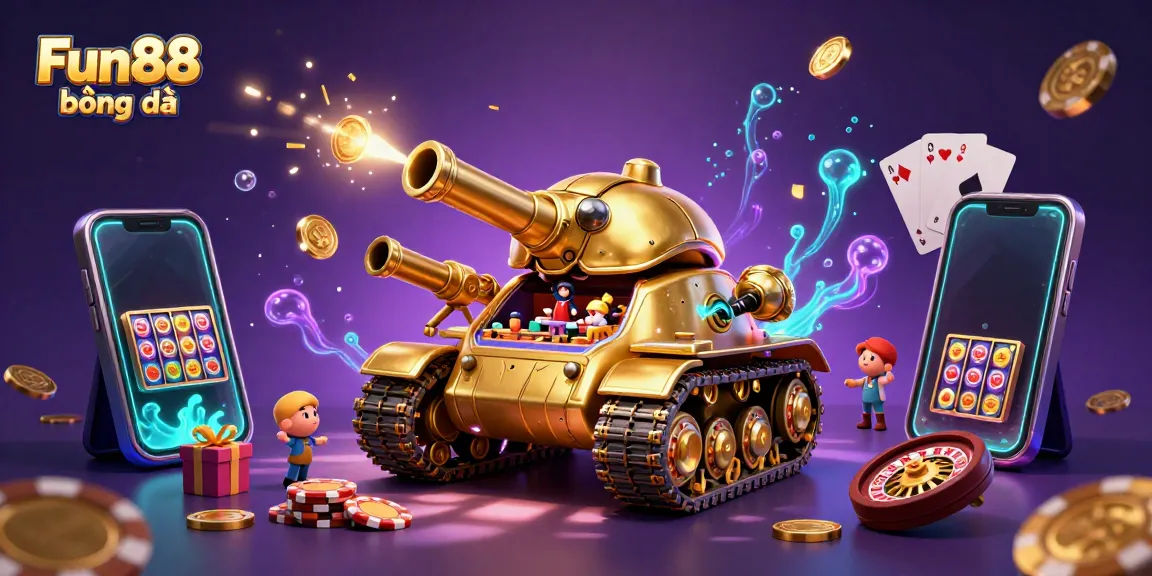 Experience the excitement of Fun88 bóng đá with a vibrant casino-themed 3D illustration filled with dynamic gaming elements.