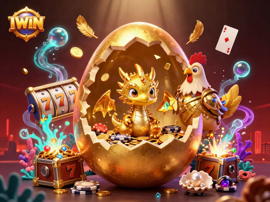 IWIN captures a vibrant casino scene with a golden dragon, poker chips, and slot elements in a dynamic illustration.