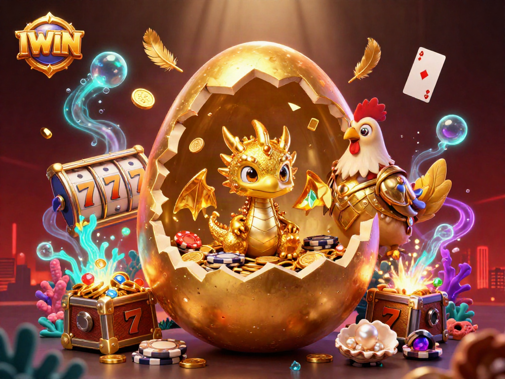 IWIN captures a vibrant casino scene with a golden dragon, poker chips, and slot elements in a dynamic illustration.