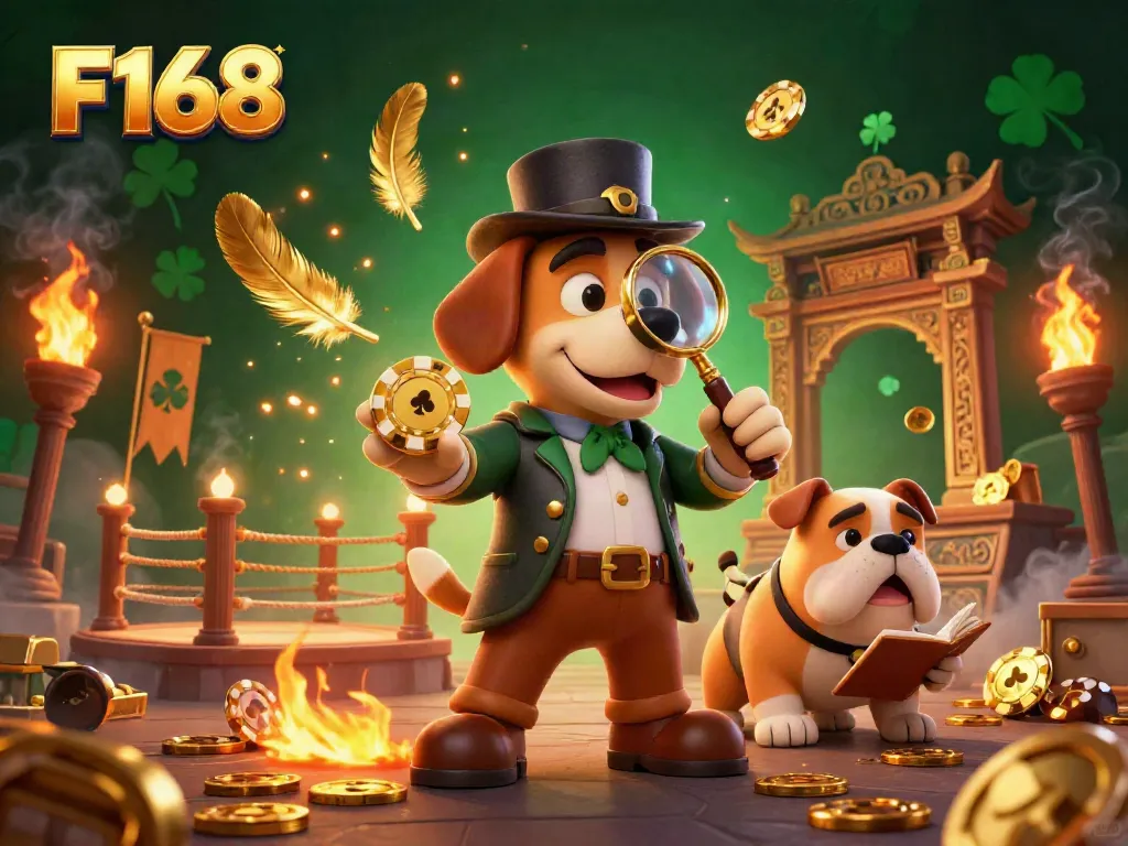 Experience F168 gaming with a detective bloodhound and bulldog exploring clues in a rich casino scene.