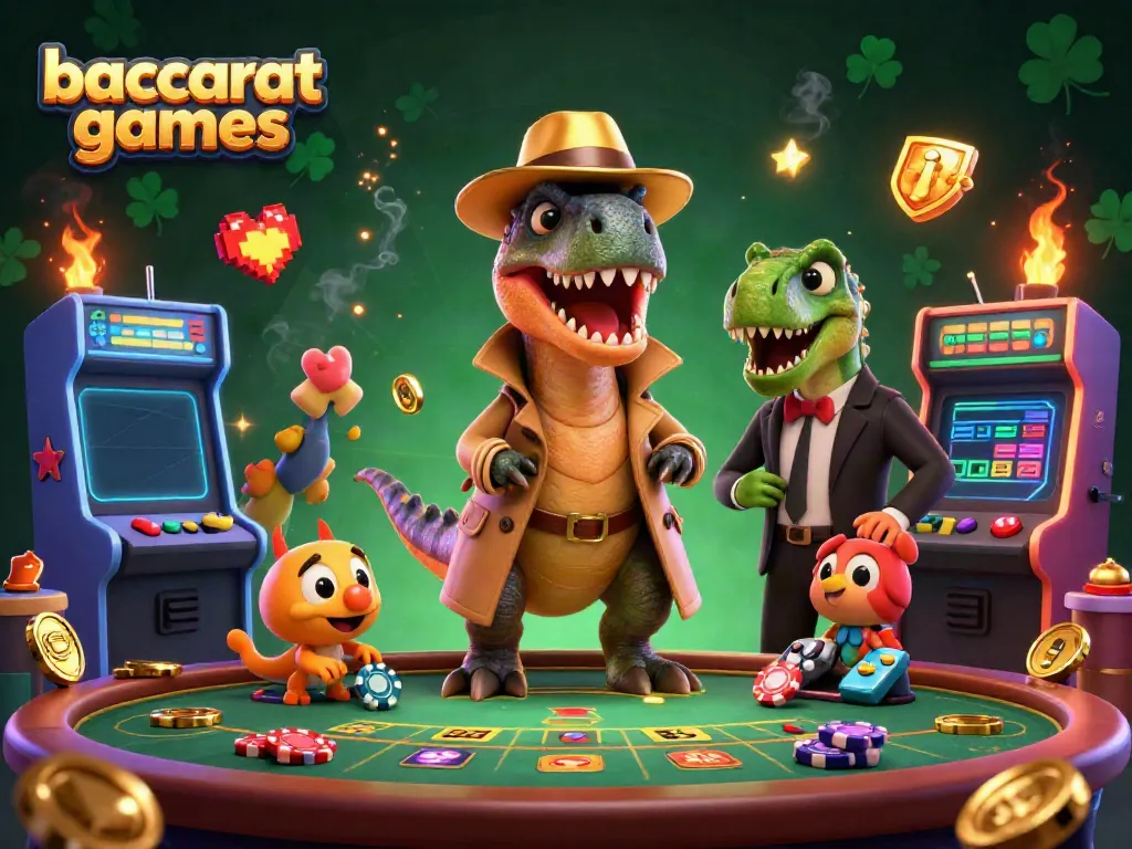 Engaging baccarat games scene featuring a velociraptor card counter and vibrant casino elements.