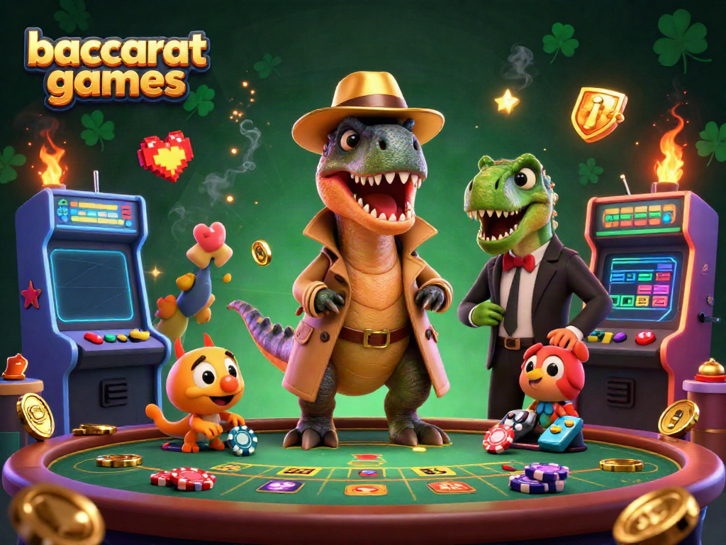 Engaging baccarat games scene featuring a velociraptor card counter and vibrant casino elements.