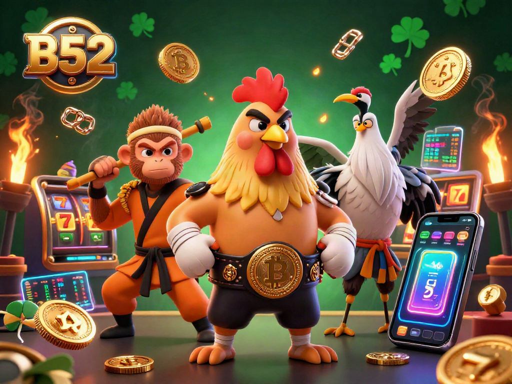 Engage with B52's vibrant casino scene showcasing a fierce rooster and monkey highlighting winning strategies.