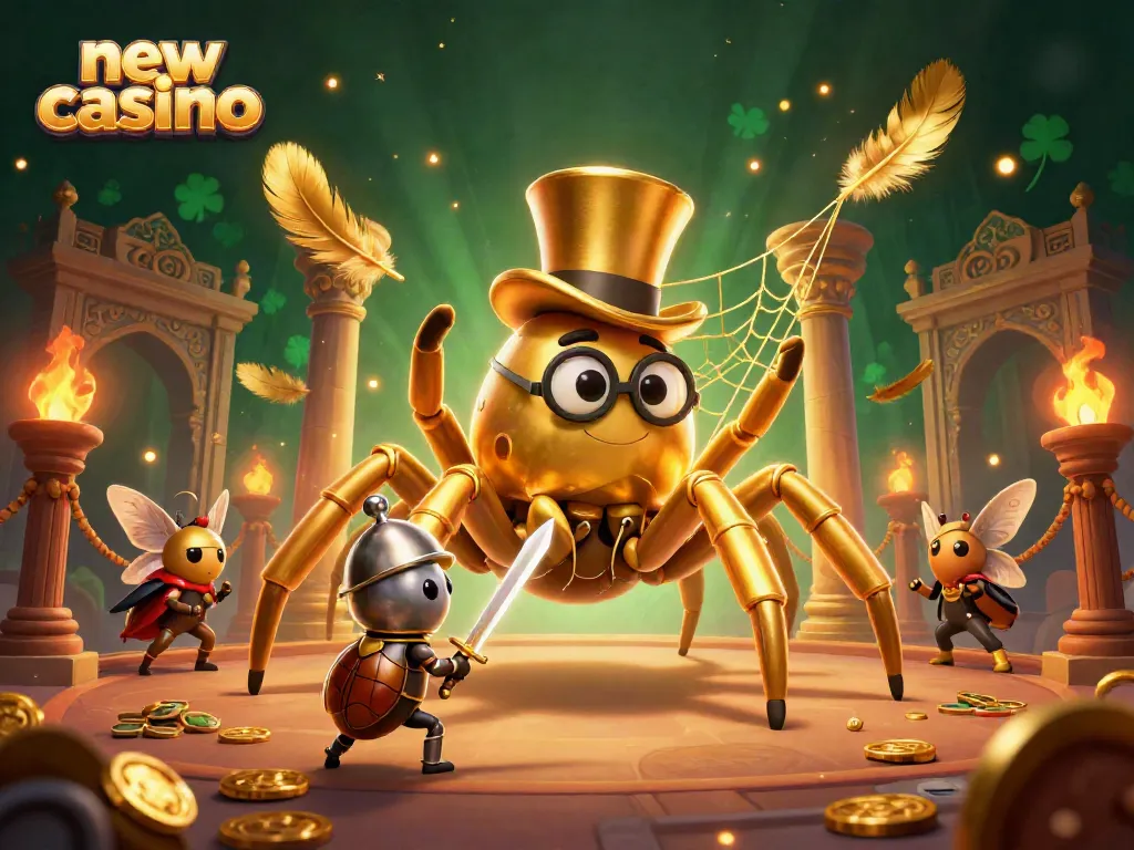 Engage with the new casino world through a vibrant scene of a golden tarantula and knight amidst gaming elements.